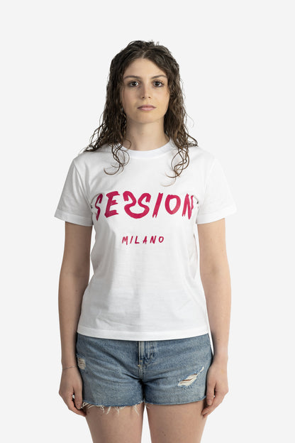 T-shirt bianca con logo pennellato fucsia