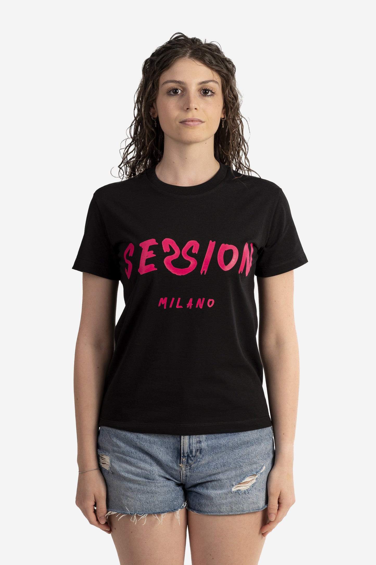 T-shirt con logo pennellato fucsia
