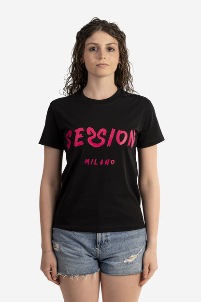 T-shirt con logo pennellato fucsia