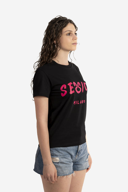 T-shirt con logo pennellato fucsia
