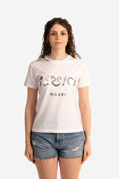 T-shirt con logo pennellato argento