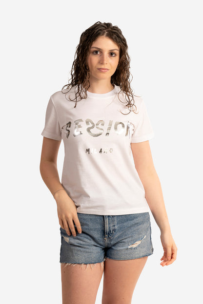 T-shirt con logo pennellato argento
