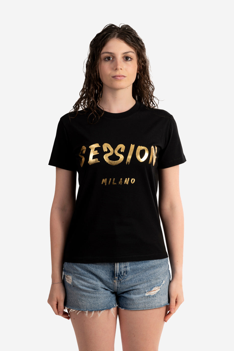 T-shirt con logo pennellato oro