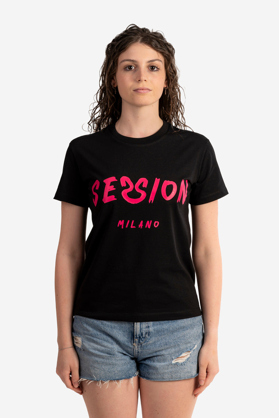 T-shirt con logo pennellato fucsia