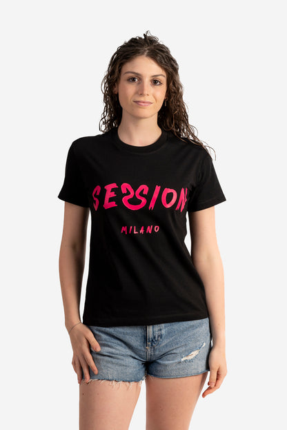 T-shirt con logo pennellato fucsia